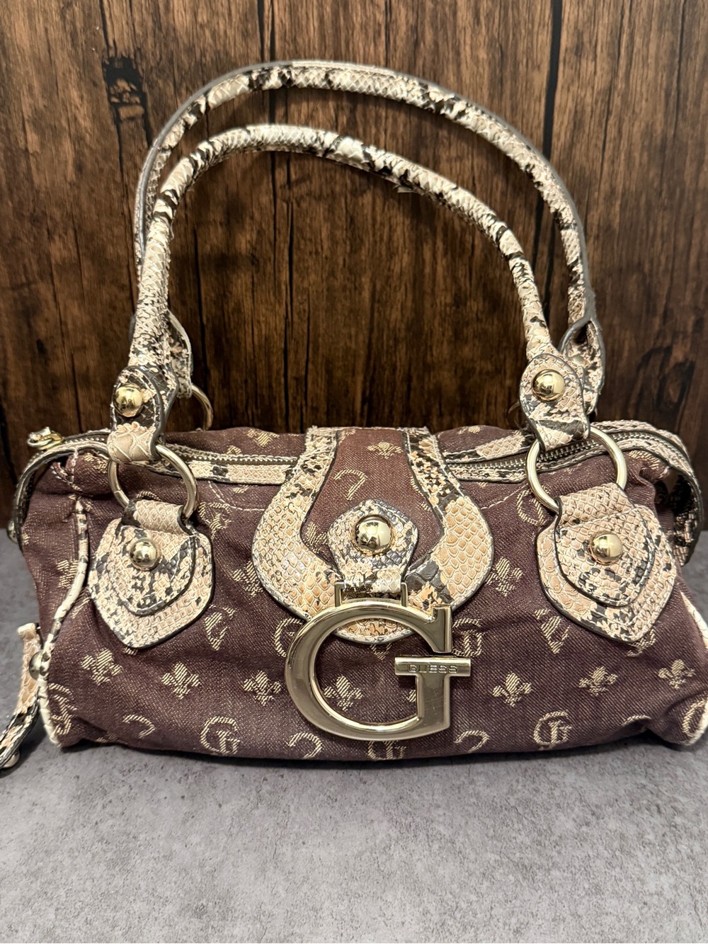 Guess Logo Satchel with Snakeskin Accents and matching wallet and card wallet